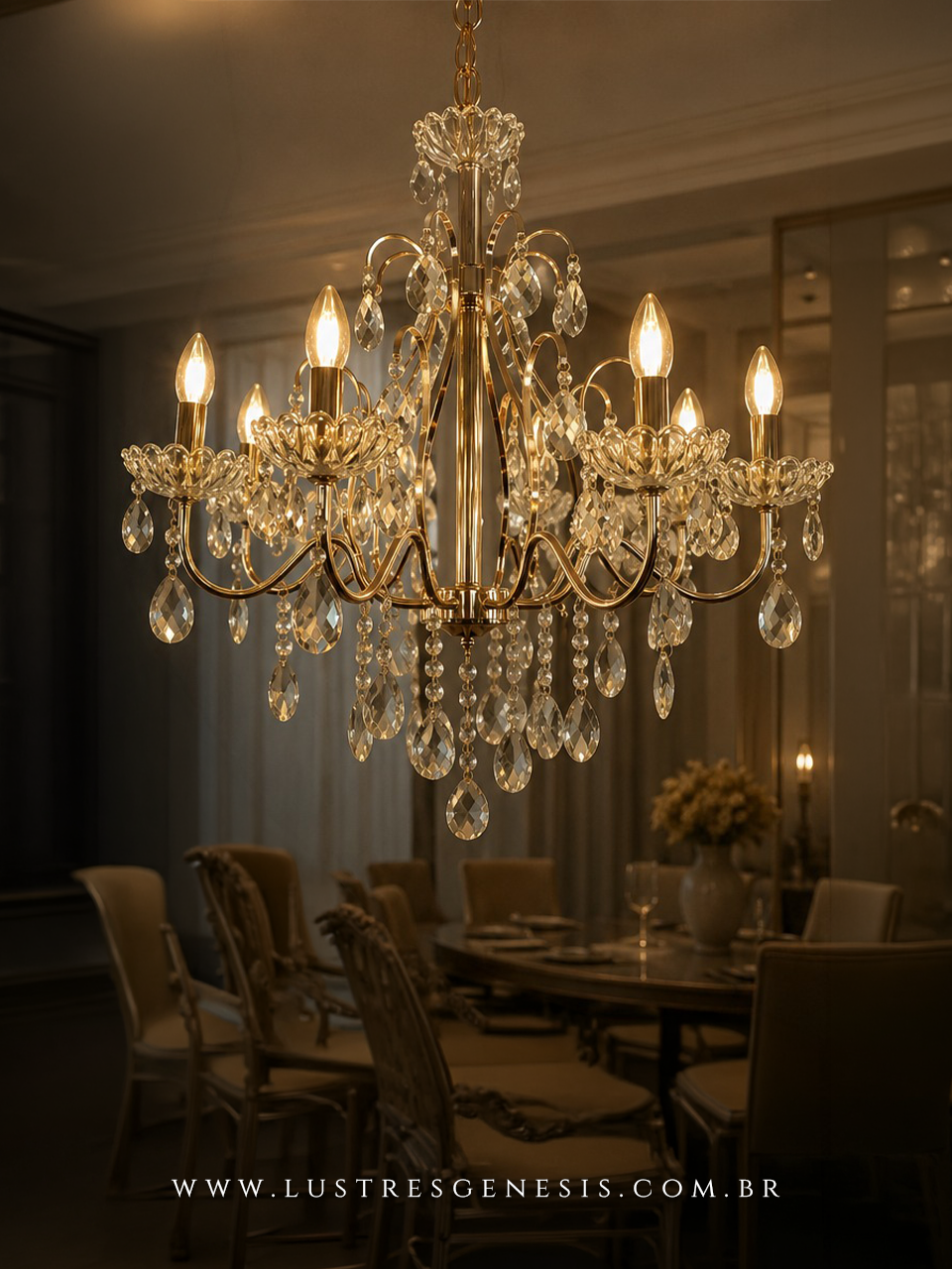 Lustre de Cristal Clássico Dourado com 8 braços, ideal para casas com pé direito duplo. Lustres Gênesis loja online de Lustres e Iluminação Decorativa